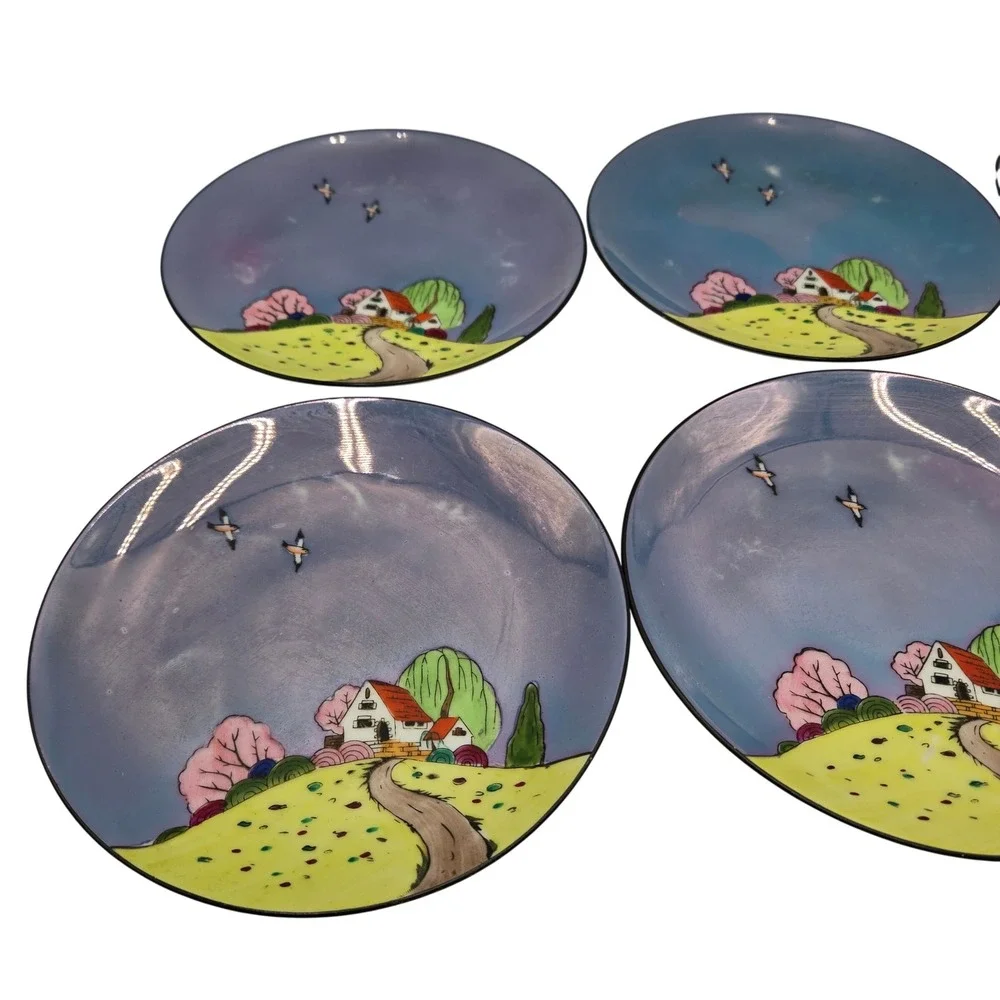 Vintage Noritake Hand Painted Lusterware Cottage Landscape Plates Set of 6 Japan